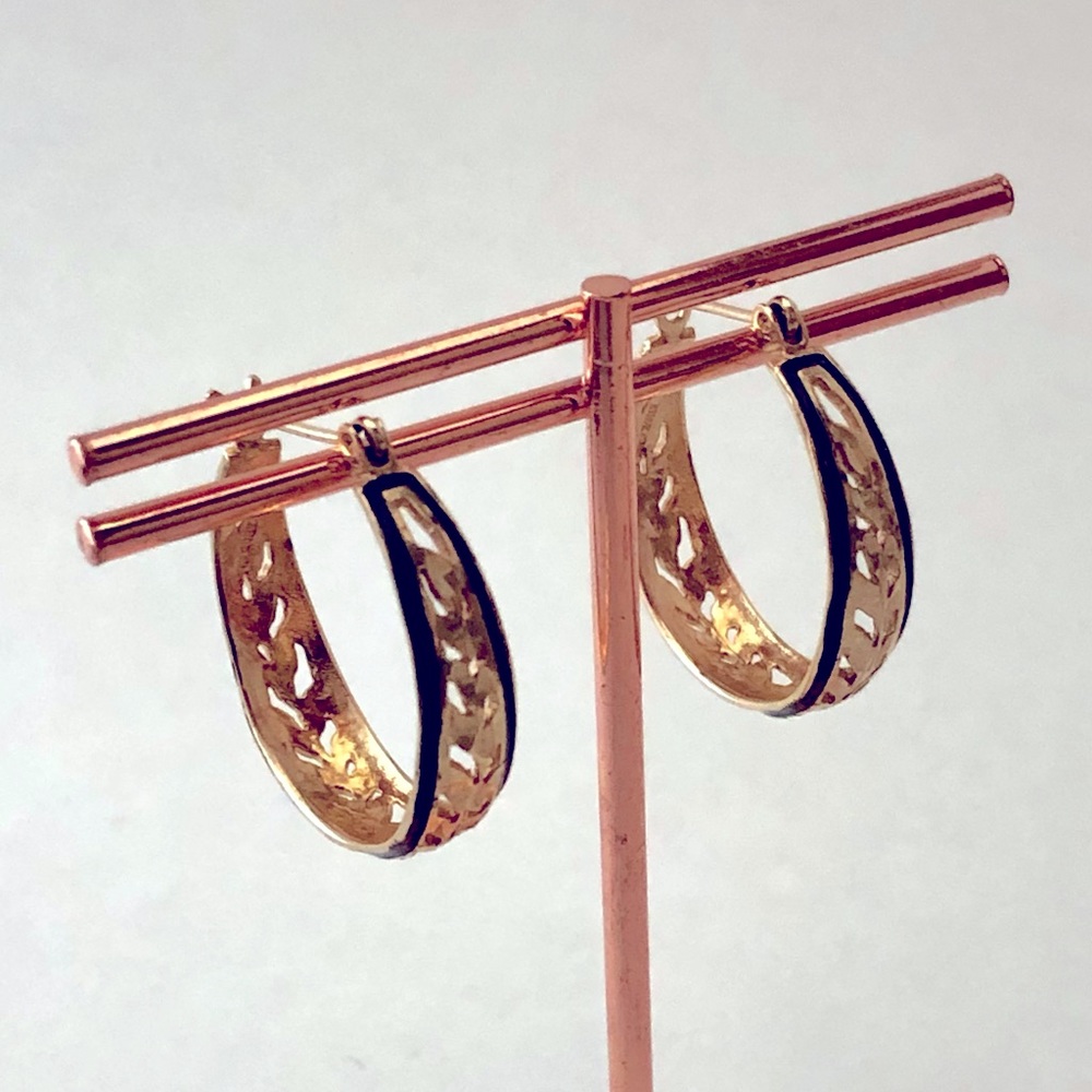 14K Solid Gold Hawaiian Hoop Earrings With Black Enamel